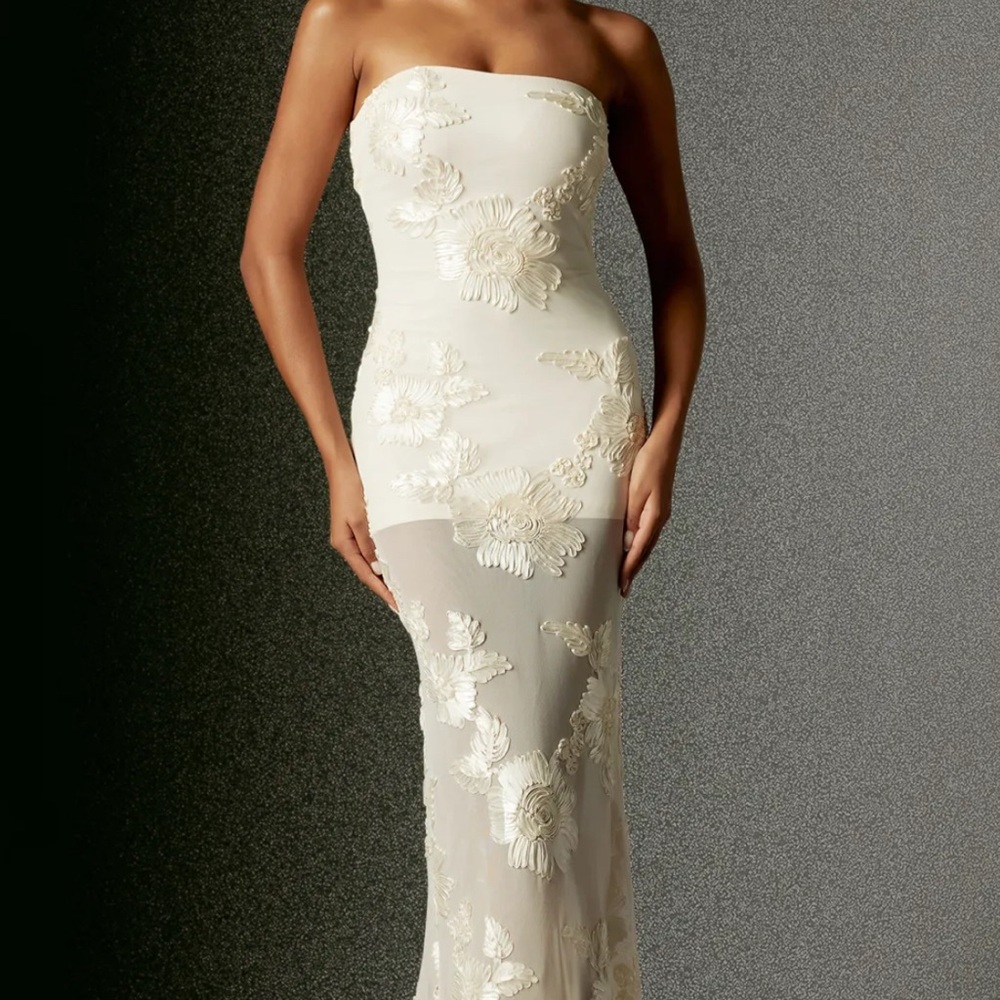 BELLA BARNETT Deliyn Strapless Embroidery Flower Mesh Maxi Dress NWT